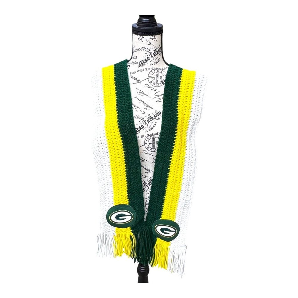 Green Bay Packers Handmade Crochet Scarf NFL Fan Team Logo & Fringe Stripes VTG